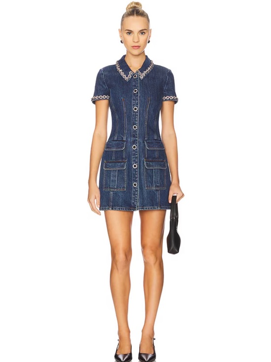 Self-Portrait Dresses & Skirts - Crystal Trim Collared Mini Dress in Blue
self-portrait